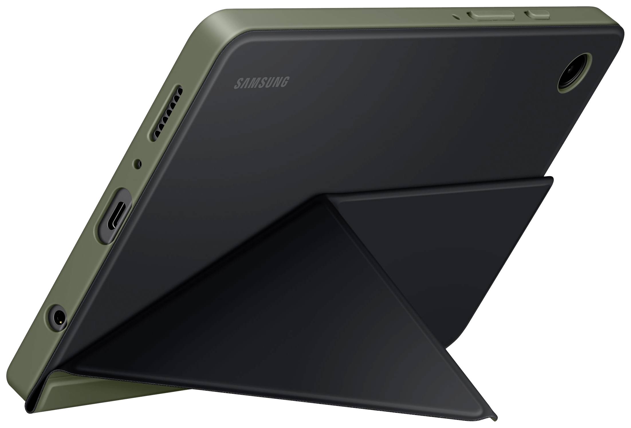 Ein Tablet im Querformat steht in einer Hülle mit faltbarem Ständer. Auf der Seite sind Anschlüsse und Lautsprecher sichtbar.