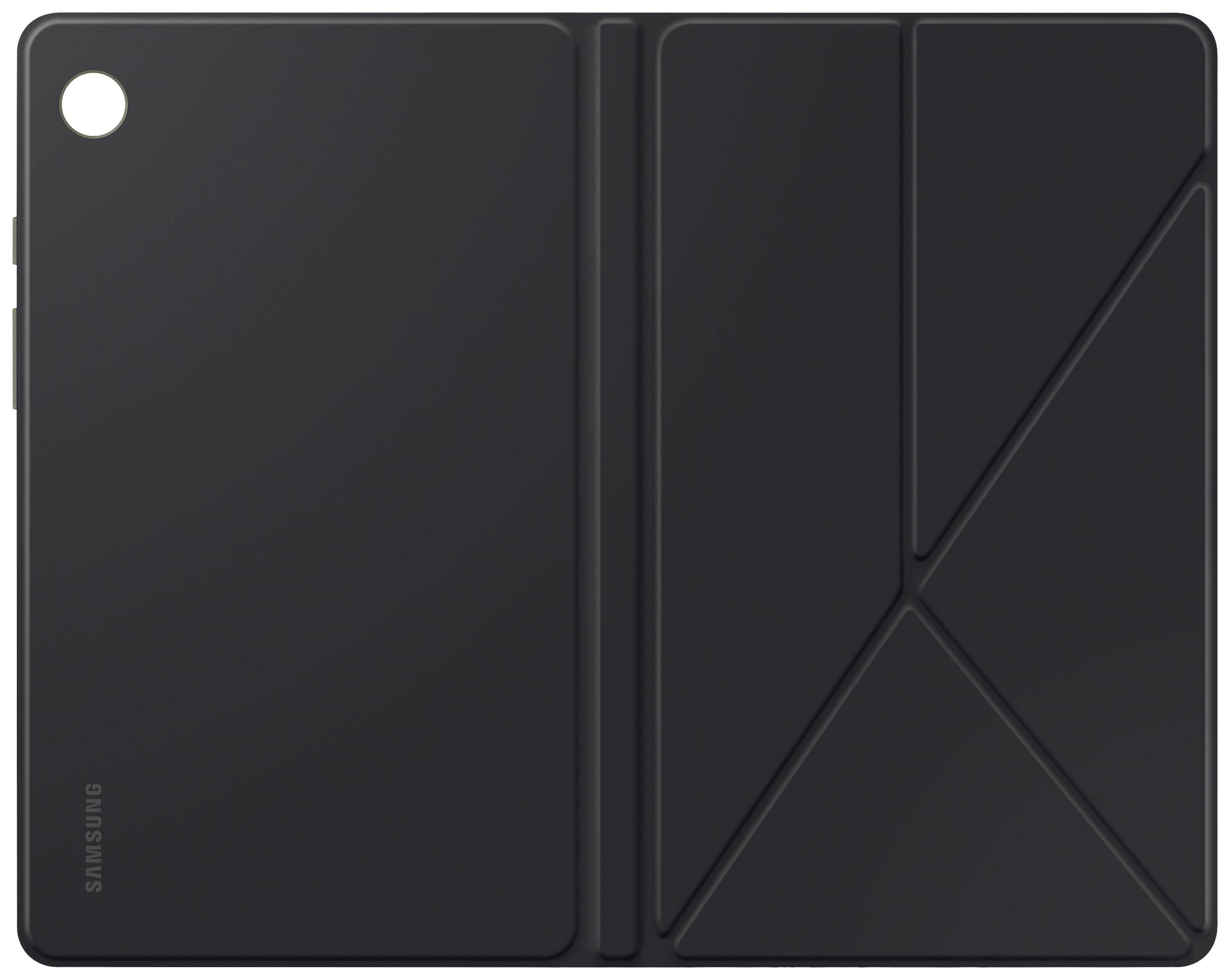 Ein geschlossenes schwarzes Tablet mit schützendem Etui, sichtbar von der Rückseite.
