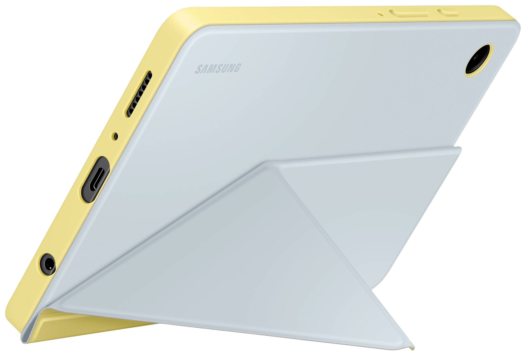 Ein Tablet mit gelber Kante und weißer Rückseite steht in einer Aufstellhülle. Die Kameraöffnung ist in der oberen rechten Ecke sichtbar.