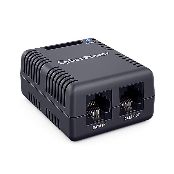 Ein schwarzer Überspannungsschutzadapter der Marke "CyberPower" mit zwei Ethernet-Ports, beschriftet mit 'Data In' und 'Data Out'.