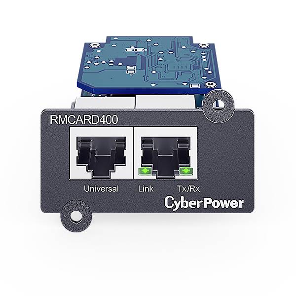 Netzwerkkarte 'RMCARD400' von CyberPower mit zwei Ethernet-Anschlüssen, beschriftet mit 'Universal' und 'Link Tx/Rx'.