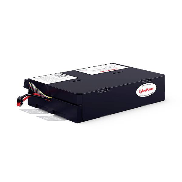 Schwarze rechteckige Batterieeinheit mit Kabel und rotem Stecker, markiert mit einem 'CyberPower'-Logo auf einer weißen Oberfläche.
