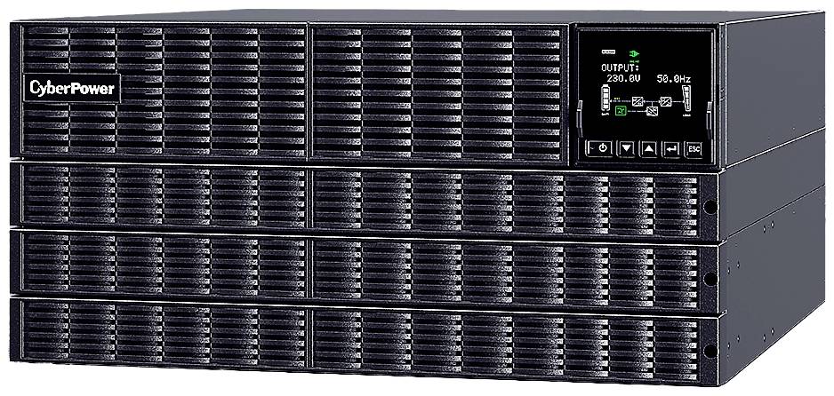 Ein schwarzes CyberPower-USV-Gerät mit LED-Anzeige. Die Anzeige zeigt Stromausgangsleistung, Spannung (230V) und Frequenz (50 Hz).