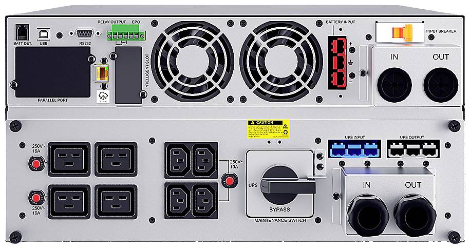 Rückseite eines elektrischen Geräts mit Lüftern, Anschlüssen, Schaltern und Stromversorgungseinheiten, geeignet für technische Anwendungen.