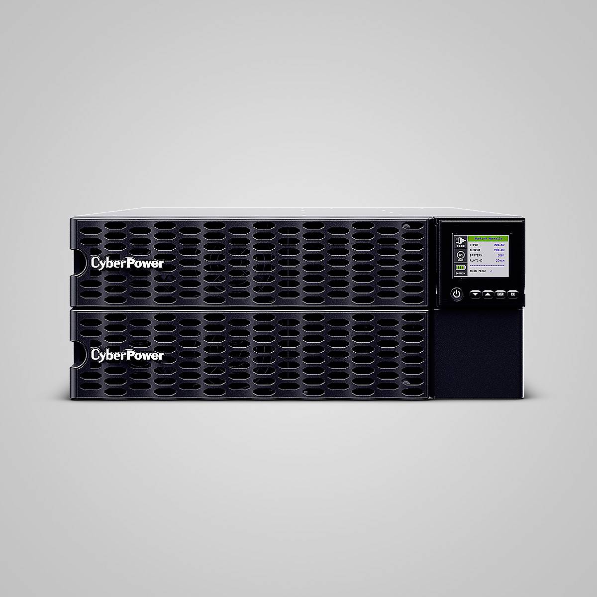 Ein schwarzes CyberPower USV-Gerät mit zwei Modulen und einem Display auf der rechten Seite, das Informationen zur Stromversorgung anzeigt.