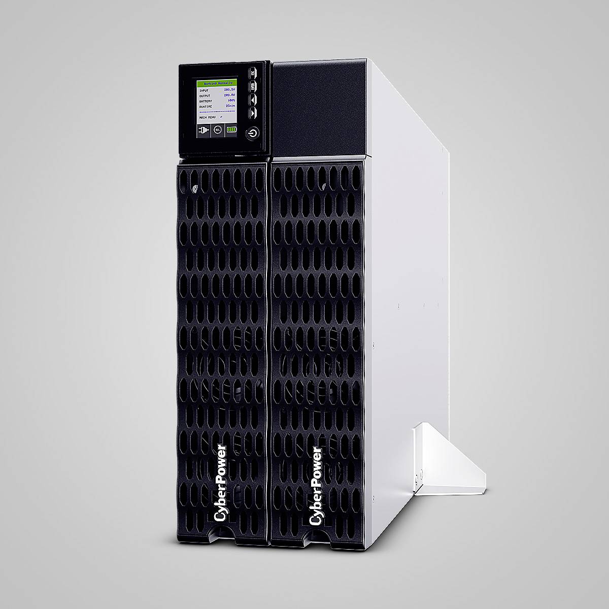 Ein schwarzes CyberPower-Gerät mit Lüftungsgitter und kleinem Display zeigt Betriebsinformationen. Es steht auf einem weißen Hintergrund.