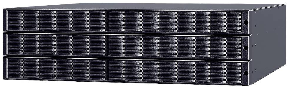 Drei gestapelte Servergeräte mit Lüftungsschlitzen, typischerweise für Rechenzentren oder Netzwerkspeicherung verwendet.