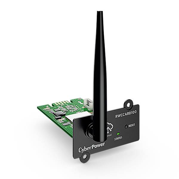 Eine kleine grüne Schaltkarte mit einer langen schwarzen Antenne. Beschriftet mit 'CyberPower RWCCARD100'. Geeignet für drahtlose Verbindungen.
