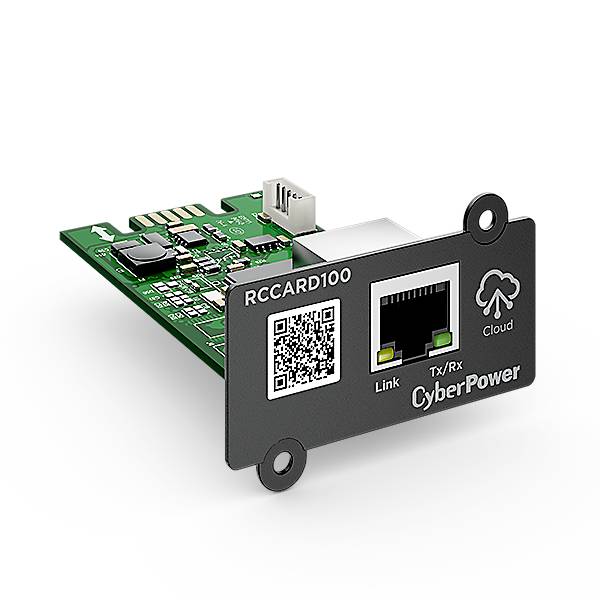 Abgebildet ist eine CyberPower Netzkarten-Modul mit einem Netzwerkanschluss und Cloud-Symbol, benannt 'RCCARD100' für Fernüberwachung.