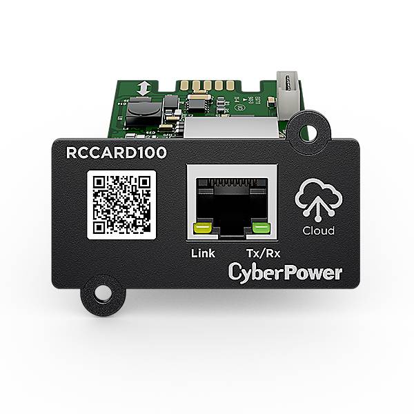 Eine Computerkarte mit einem QR-Code, einer Ethernet-Schnittstelle und dem Schriftzug 'CyberPower'.
