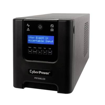 Eine unterbrechungsfreie Stromversorgung (USV) von CyberPower mit einem LCD-Bildschirm, der 'Xfer Event 1: Acceptable Input' anzeigt.