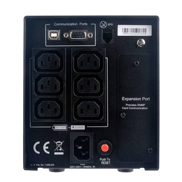 'Rückseite eines USV-Geräts mit Kommunikations- und Erweiterungsports, sechs Steckdosen, USB-, seriellen Anschluss und Reset-Knopf.'