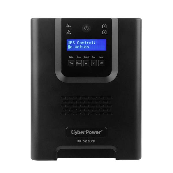 Ein schwarzes USV-Gerät mit Display, das die Meldung 'UPS Control: No Action' anzeigt. Marke 'CyberPower', Modell 'PR1000ELCD'.