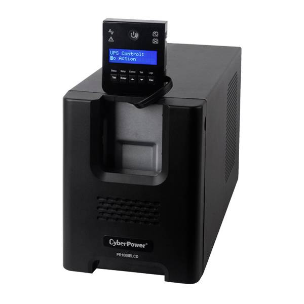 Ein schwarzes unterbrechungsfreies Stromversorgungssystem (USV) mit einem digitalen Display, das den Status anzeigt, ist zu sehen.