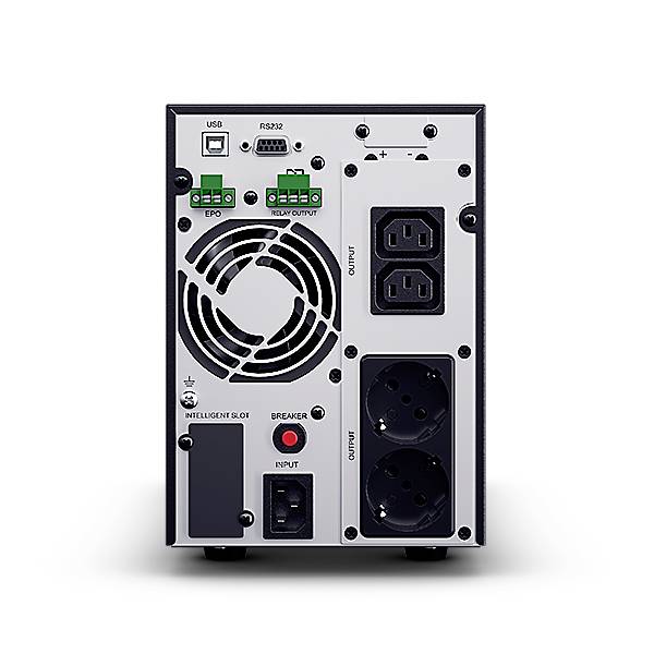 'Rückseite eines Grau- und Schwarztöners mit Steckdosen, Lüfter, USB- und RS232-Anschlüssen, EPO- und Relaisausgangsterminals.'