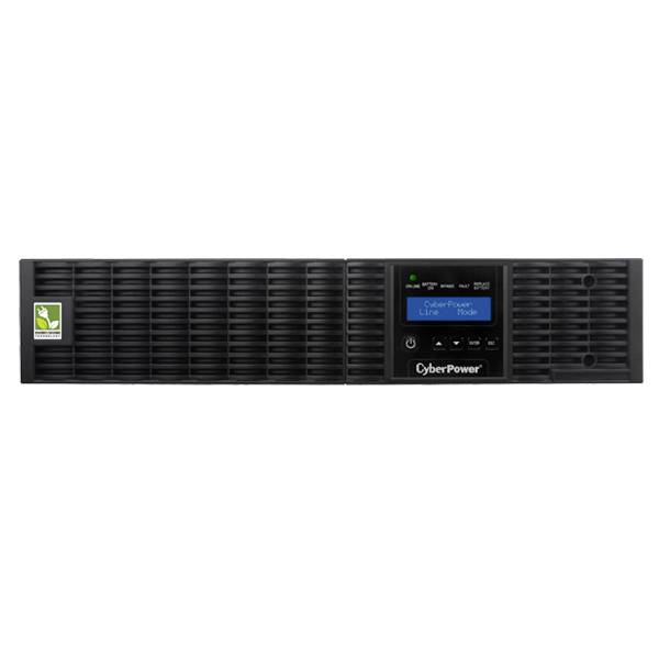 Ein CyberPower Rackmount-UPS-Gerät mit digitalem Display und Steuerknöpfen, bietet Stromversorgung und Schutz für elektronische Geräte.
