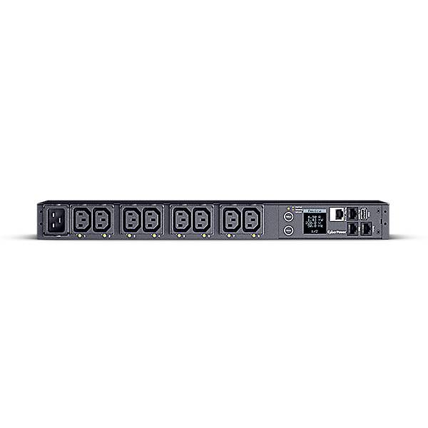 Ein PDU-Gerät mit sechs Steckdosen, einem digitalen Display und Netzwerkanschlüssen zur Stromverteilung in Rechenzentren.