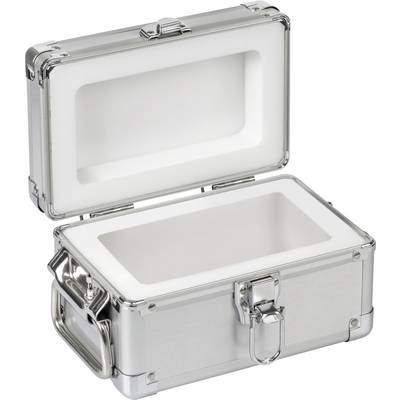 Offene, silberne Aluminium-Box mit Tragegriff, leicht gepolstert innen. Ideal für Transport oder sichere Aufbewahrung kleinerer Gegenstände.