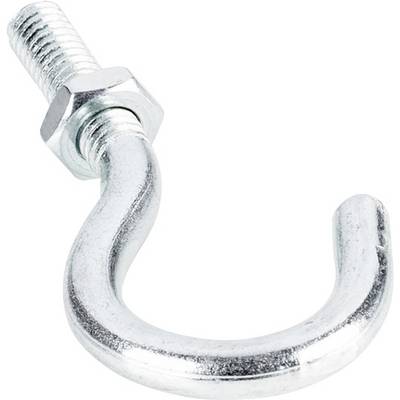 Ein silberfarbener Metallhaken mit Gewinde und Mutter, verwendet zur Sicherung oder Befestigung von Gegenständen in verschiedenen Anwendungen.