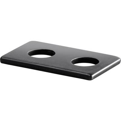 Ein rechteckiges schwarzes Metallstück mit zwei runden Löchern nebeneinander, vermutlich eine Halterung oder Befestigungsplatte.