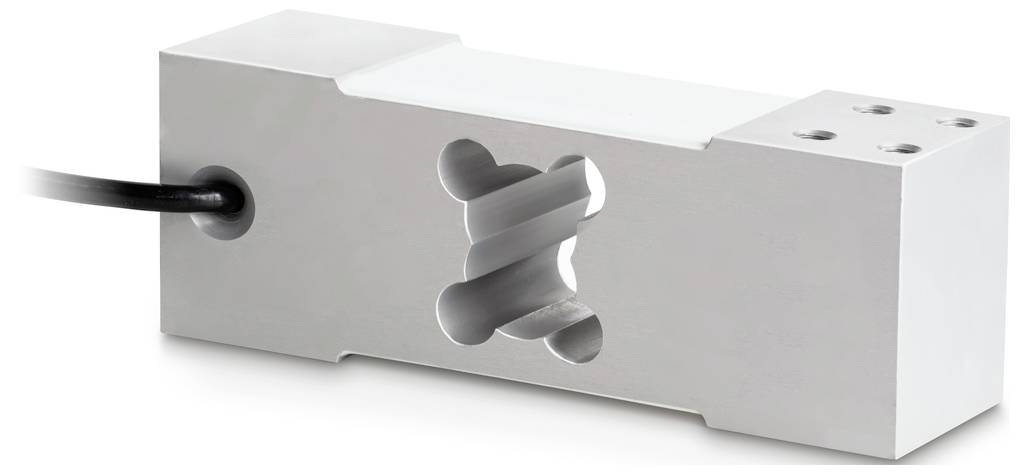 Metallischer Lastsensor mit rechteckiger Form und zentralem Loch, an dem ein Kabel angeschlossen ist. Geeignet zur Gewichtsüberwachung.
