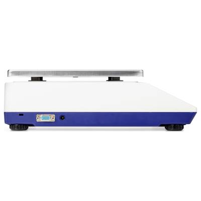 Seitenansicht einer weißen elektronischen Waage mit blauem Sockel, oben ein silbernes Plattenelement. Verfügt über einen VGA-Anschluss.