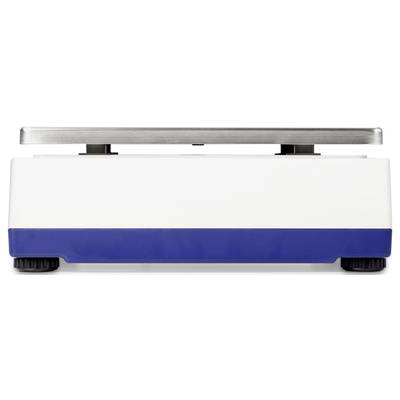 Eine digitale Küchenwaage mit einer rechteckigen Edelstahl-Plattform und einem weißen Gehäuse mit blauem Sockel.