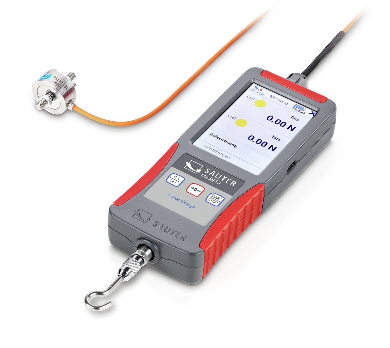 Handmessgerät mit Haken und digitalem Display, zeigt Kraftmessdaten an. Kabel verbindet Sensor mit Gerät. Markierung 'SAUTER'.