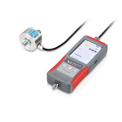 Ein digitales Kraftmessgerät mit Sensor und Display zeigt 0,00 N an. Gerät für präzise Kraftmessungen in technischen Anwendungen.