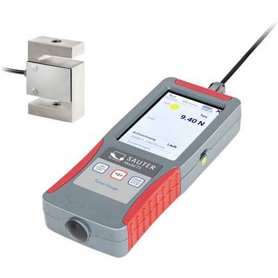 Digitaler Kraftmesser mit Anzeige, rotem und grauem Gehäuse, zeigt '9.40 N'. Linkes Bildteil zeigt verbundene Sensorvorrichtung.