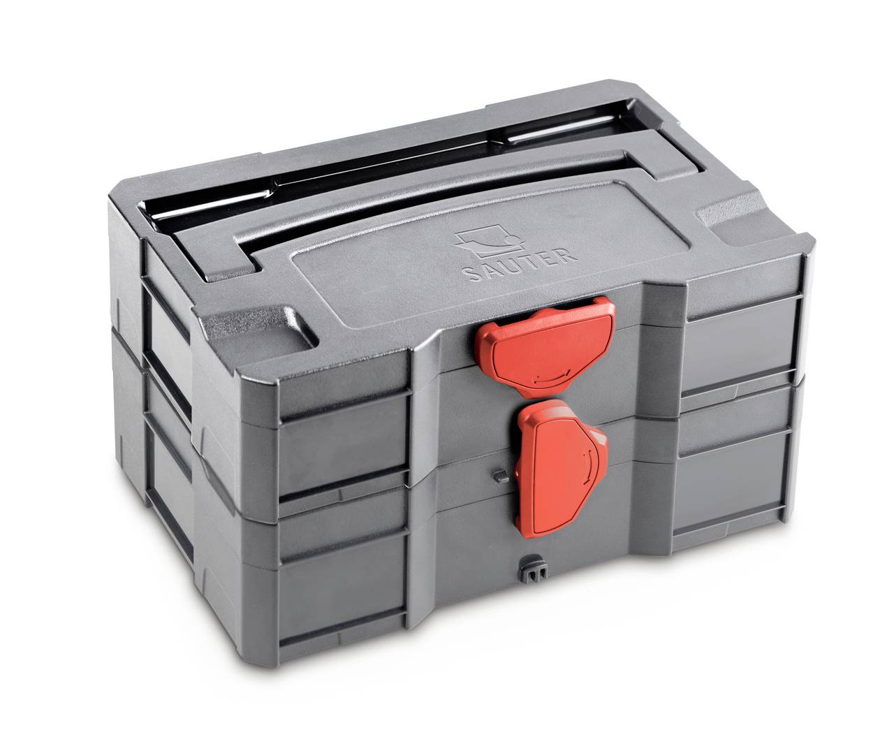 Grauer Werkzeugkoffer mit zwei roten Verschlüssen. Das Logo 'Sauter' ist auf dem Deckel eingraviert.
