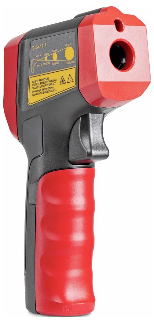 Ein Infrarot-Thermometer mit rotem und schwarzem Gehäuse sowie gelbem Display zur Temperaturmessung.