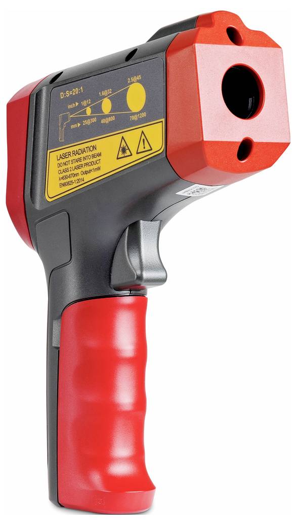 Ein Infrarot-Thermometer mit rotem und schwarzem Gehäuse, einem großen Display und einem ergonomischen Griff für Temperaturmessungen.