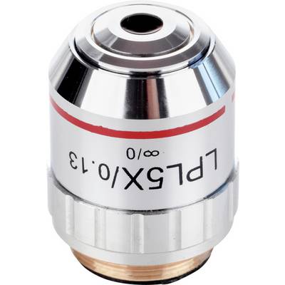 Silbernes, zylindrisches optisches Gerät mit der Aufschrift 'PL5X/0.13'. Verwendet in Mikroskopen zur Vergrößerung von Proben.