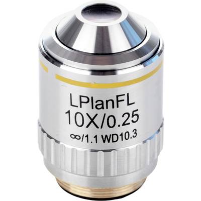 Mikroskopobjektiv mit der Aufschrift 'LPlanFL 10X/0.25'. Silberne Fassung mit gelbem Ring. Vergrößerung und Lichtintensität angegeben.