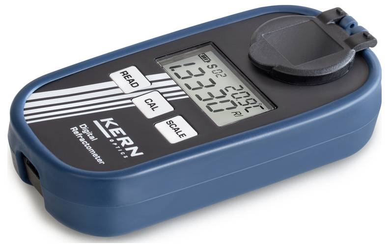 Digitaler Refraktometer von KERN mit blauem Gehäuse, zeigt auf dem Display Messwerte '20°C' und '1.3330 nD'.