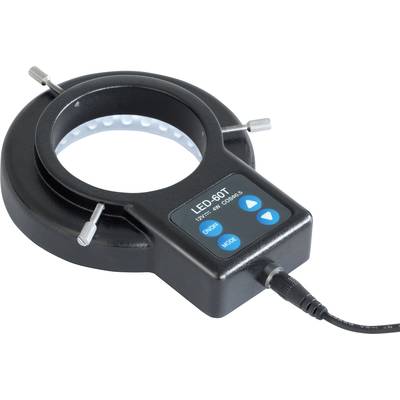 Beleuchteter LED-Ringlichtaufsatz mit Bedienelementen für Mikroskope. An- und Ausschaltknopf sowie Anpassung der Lichtintensität.