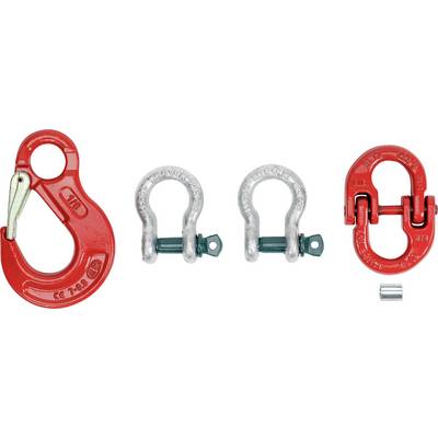 Ein roter Lastenhaken, zwei silberne Schäkel mit grünen Bolzen und ein weiterer roter, verstellbarer Haken sind abgebildet.