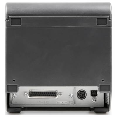 Rückansicht eines elektronischen Geräts mit mehreren Anschlüssen, darunter ein RS-232 und ein runder Stecker, auf einer Metallplatte.
