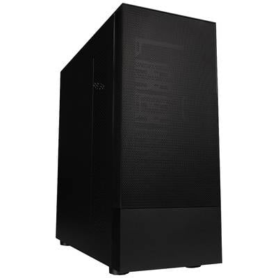 Schwarzes Computergehäuse mit minimalistischem Design und Belüftungsgitter an der Vorderseite, aufrecht stehend.
