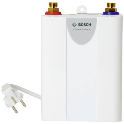 Ein weißer Bosch Comfort Compact Durchlauferhitzer mit zwei Anschlüssen oben und einem Stromkabel links.