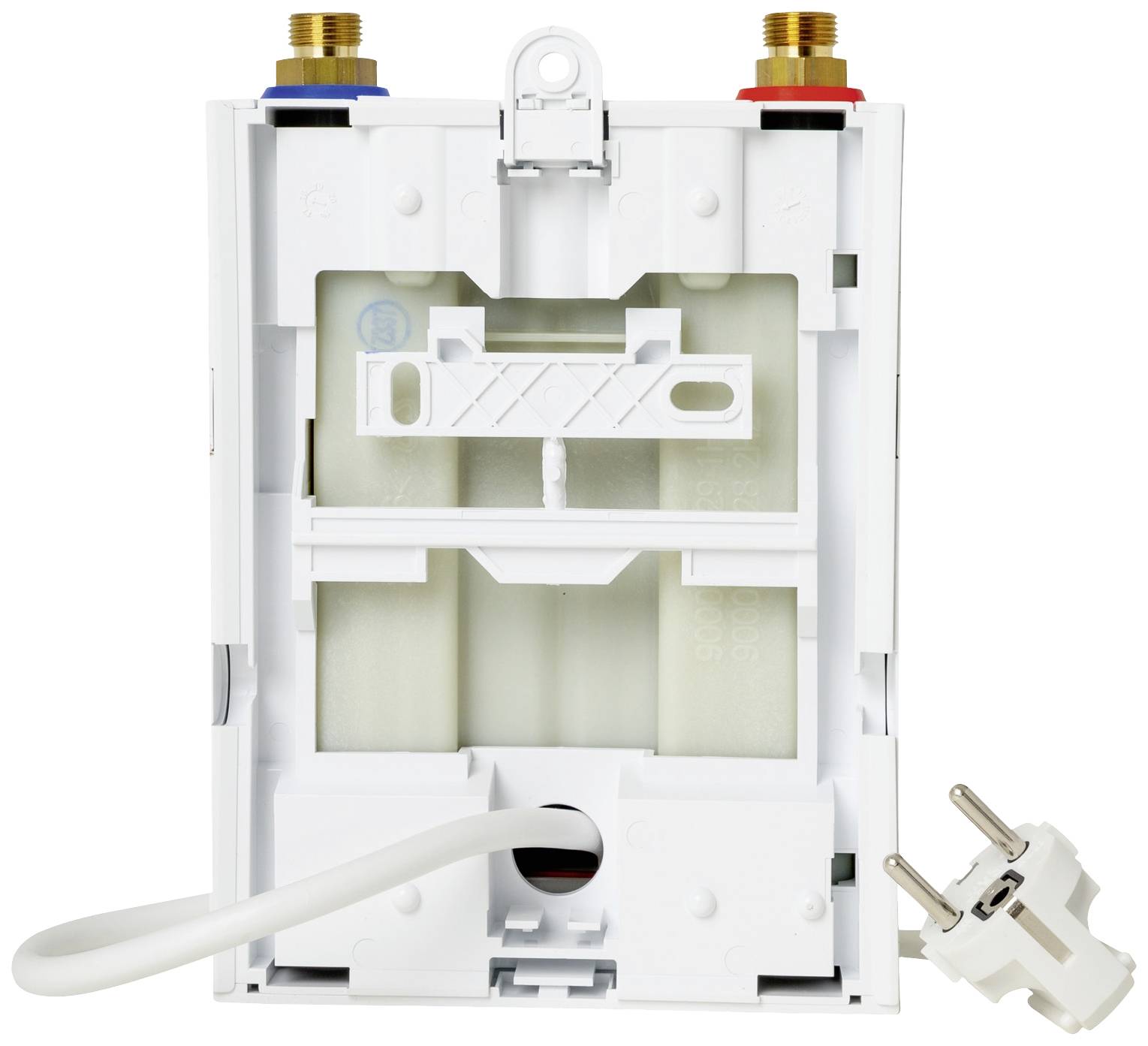 Ein weißer Wand-Tankdurchlauferhitzer mit Kabel und Stecker, oben rot-blau markierte Wasseranschlüsse, Vorderseite geschlossen.