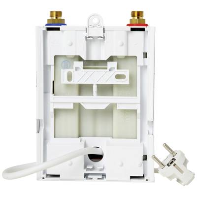 Ein weißer Wand-Tankdurchlauferhitzer mit Kabel und Stecker, oben rot-blau markierte Wasseranschlüsse, Vorderseite geschlossen.