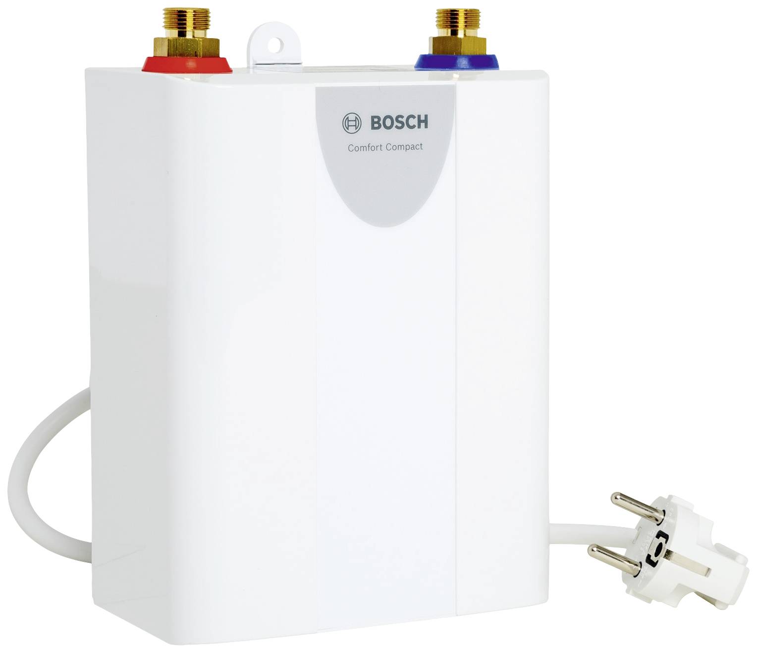 Weißer Bosch Wassererhitzer, Modell 'Comfort Compact', mit blauer und roter Anschlussmarkierung und Stromkabel mit Stecker.