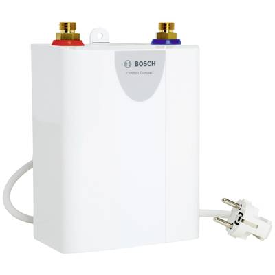 Weißer Bosch Wassererhitzer, Modell 'Comfort Compact', mit blauer und roter Anschlussmarkierung und Stromkabel mit Stecker.