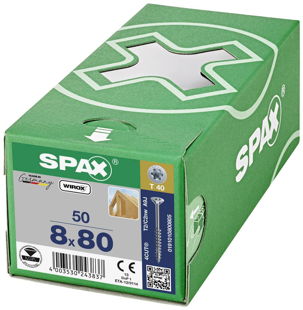 Eine grüne SPAX-Schraubenverpackung, zeigt 50 Schrauben der Größe 8 x 80 mm an. Enthält Produktinformationen und ein Bild von Schrauben.