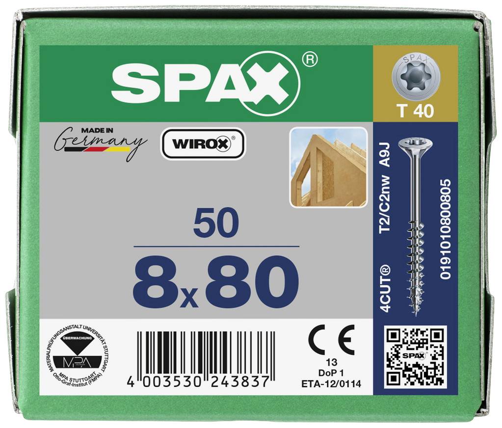 Verpackung von SPAX-Schrauben, Größe 8x80, 50 Stück, mit T40-Kopf, „Made in Germany“, QR-Code und Zeichen für Schraubkopfform.