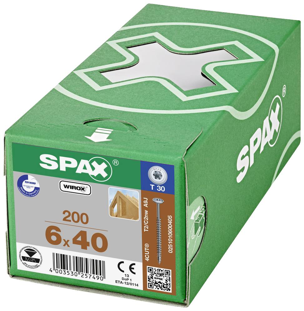 Eine grüne, rechteckige Verpackung mit der Aufschrift 'SPAX' enthält 200 Schrauben der Größe 6x40 mm.