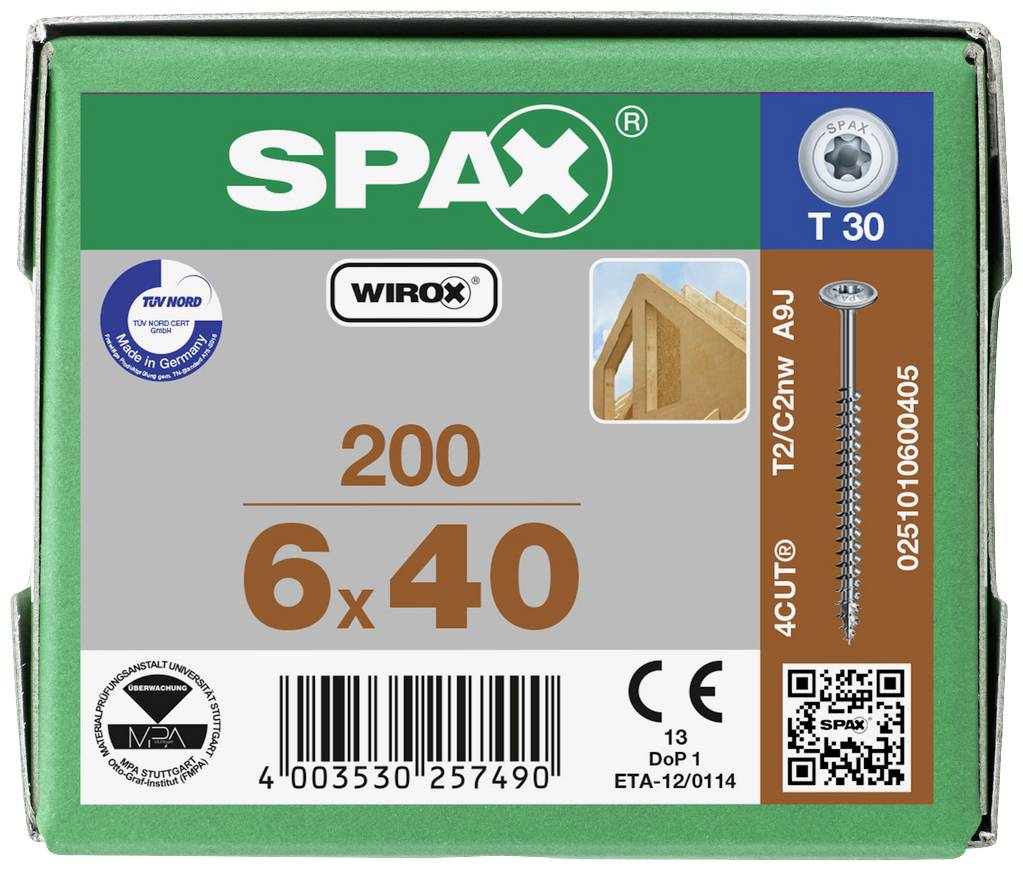 'SPAX Schrauben 6x40, 200 Stück. Bild eines Holzrahmens, TÜV Zertifikat, QR-Code und Barcode auf der Verpackung.'