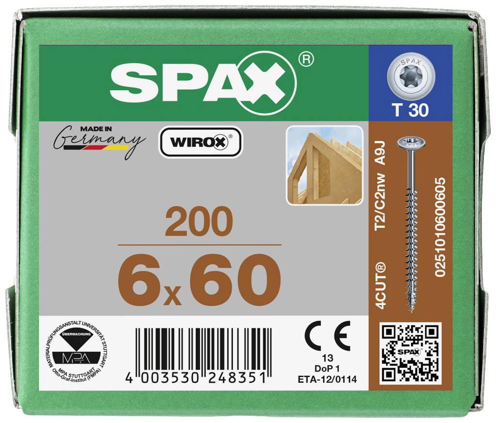 Grüne Verpackung mit 200 Schrauben '6x60'. Marken: SPAX, Wirox. Symbole für Qualitätssiegel und QR-Code.